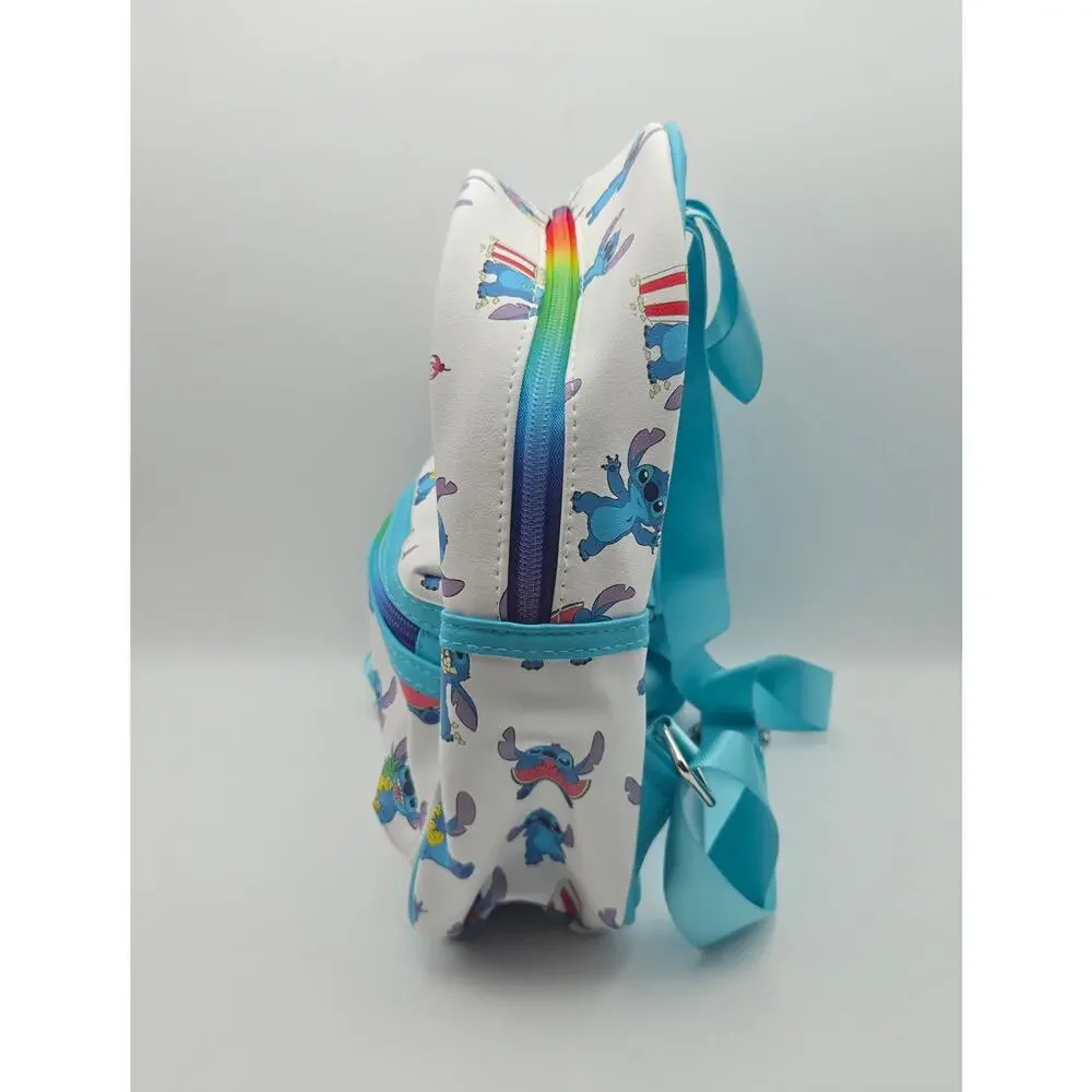 Disney Stitch Mini Backpack Rainbow Zipper Faux Leather Blue White